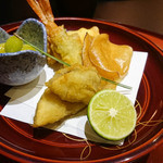 肥後橋ゆきや。 - 215.10 松茸フライ、銀杏、鳴門金時チップス、海老大葉揚げ