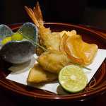 肥後橋ゆきや。 - 215.10 松茸フライ、銀杏、鳴門金時チップス、海老大葉揚げ