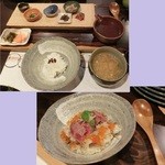 京松蘭はなれ - ご飯物、２種類。上「だし茶漬け」と下「牛筋ゴボウ混ぜごはん・フランク&いくら乗せ」