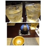 日本料理 晴山 - お二人は「ジンジャーエール」、私は甘口のお酒を頂きます。多分「九平次」だったかと。
      前回も器が素晴らしかった印象がありますけれど、この酒器もステキですね。