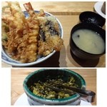 Shinjukutsunahachishokudou - ◆江戸盛天丼（1680円）・・・海老二尾・白身魚・青味・海苔・半熟たまご・穴子・小海老のかき揚げ
                        下の写真は「高菜」です。