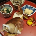 日本料理 太月 - 前菜　白バイ貝、くわい、穴子の黄身和え、なまこ酢、モロヘイヤのお浸し、エビ芋のからあげ