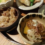 豚肉と蓮根の胡椒味噌炒め、すくな南瓜のスタミナだれ添え