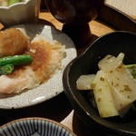 AKOMEYA厨房 - 信州サーモン長芋のフリット　チリ酢添え、帆立と洋梨の和え物