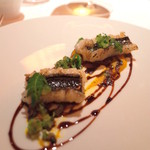 レフェルヴェソンス - あたまからしっぽまで～
      鱧のお出汁＆鱧のグリエ、南瓜、胡瓜、ヴィネーグルデュイ、山椒（2015.Nov)