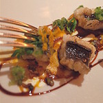 レフェルヴェソンス - あたまからしっぽまで～
      鱧のお出汁＆鱧のグリエ、南瓜、胡瓜、ヴィネーグルデュイ、山椒（2015.Nov)