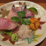 車力門 ちゃわんぶ - 27年10月　お造り　北海道縞鯵、戸井鰤、富山白海老、北海道バフン雲丹