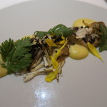 レフェルヴェソンス - 27年11月　かますのポワレと松茸、里芋、春菊の葉と花、ソースサバイヨン