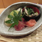 器楽亭 - ほうれん草のおひたしと明太子、京都麩の味噌漬け、鱧の南蛮漬けと蕪