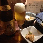 和風楽麺 四代目 ひのでや - 瓶ビール(ヱビス中瓶)(420円)＋漬けチーズ(380円)