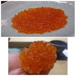 初音鮨 - 岩手のイクラ・・かなりの量のイクラを握られるのですが、
      不思議なことに口に入れるまで崩れないのですよ。
      イクラ大好きですので、これも美味しく頂きます。