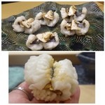 初音鮨 - 鱧と松茸・・鱧は骨切り後、軽く炙って出されます。
      なんて贅沢な組み合わせ、、もちろん美味しい。11月の鱧は最高に美味しいとか。