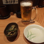 やきとりの炭活 - お通しと生中