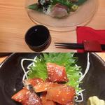 やきとりの炭活 - 刺盛３種とごまさば。この日は鮮度のいい鯖が入荷していました。