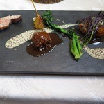 レストランRyu - 松阪”極み”豚のプレート（右から　クネル、こめかみの煮込み、グリル）