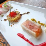 手打ち蕎麦とフレンチの やな木 - <2015年11月>長芋と小海老のゼリー寄せ、サワークリームとフランボワーズのヴィネグレット