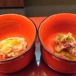 日本料理 喜春 - みしらず柿と菊花のごま白和え、ずいきと椎茸の土佐煮