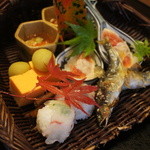 しのはら - 八寸 琵琶湖の鮎 平目手毬寿司 水口干瓢 甲賀無花果