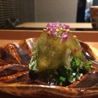 日本料理 晴山 - 2011/11_芹と帆立の長芋和え、おぼろ昆布のジュレ、蕎麦の実をかけて