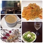 Caffe A - プリプリえびのトマトクリームパスタ。アルデンテで美味しかった。チーズケーキに生クリームとチョコレートとジャムのデコ……