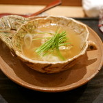 虎白 - 「小鍋」穴子の骨の出汁に穴子と生胡麻入り葛粉 2015年9月