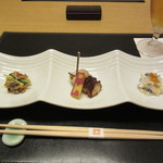 新宿割烹 中嶋 - 20151111 　前菜　左からサンマ・白バイガイ・キノコの白和え