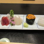 新宿割烹 中嶋 - 20151111　お造り　左から大間の鮪・ヒラメ・雲丹のお寿司・スミイカ