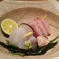 日本料理 幸庵 - 向付（ひらめと天然ぶり）〔15/11/14撮影〕