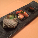 オードブル(サザエ、海老、しぐれ煮)