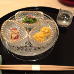 まき村 - 玉蜀黍揚、無花果の胡麻ソース、穴子と胡瓜の酢の物