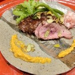 草喰 なかひがし - フランス産鴨の炭火焼 摘果蜜柑のソース・マコモ茸・ワサビ菜・下仁田葱など