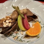 草喰 なかひがし - 川鱒の幽庵漬焼き・落花生・もち米の素揚げ・紅白の大根・野生の蜜柑など