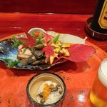 草喰 なかひがし - トンブリと柿をきな粉酢で・ムカゴ飯イクラのせ・黒豆の乾煎り・栗の素揚げ・銀杏の蒸し焼き・鯖の燻製・戻り鰹の藁燻焼きなど