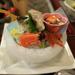 本家伴久 - 刺身「岩魚姿造り/八汐鱒/日光生湯波」(2015.Nov)