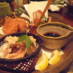 Oto Oto - おつまみ揚げ物３種盛り☆串木野薩摩揚げ、銘柄豚の串かつ、若鶏の唐揚げ♪