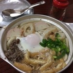 鍋焼うどん アサヒ - 玉子入りで鍋焼きうどん。