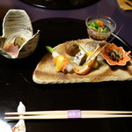 遊季の里 - 2015.11 先付：茄子、鴨、松茸、前菜：あん肝、むかご身丈、バイ貝、川海老