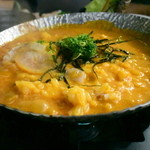 絶景レストラン うずの丘 - 最後はうにソースを追加して雑炊を作ろう～。刺身を投入しても良し。。