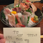 軍ちゃん - 《お刺身盛合せ・1人前・8品》1,580円
      サワラ、ワラサ、カナガシラ、メダイ、ヤリイカ、ヒラメ、レンコタイ、甘エビ。
      2015/11/21