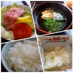Mirakutei Shimada - ＊サラダ・大根なます・お吸い物・ご飯。
                      サラダのドレッシング、明太子が少し入り美味しいこと。
                      *ご飯は普通かしら。これでご飯が美味しいと、より嬉しいのですけれど。(^^;)