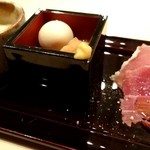 円山天ぷら　つかさ - 先付け(かぼちゃポタージュ・おでん・生ハム)