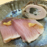 鮨 はしもと - 2015/11_牡蠣の酒蒸しの味噌漬けと鰤のづけ