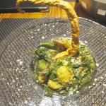 トラットリア ダイ パエサーニ - サルシッチャとポレンタのグリーン野菜シチュー、ペペロンチーノ添え　￥1500