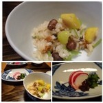 御料理 光安 - ＊栗・銀杏・オチコ・鰻が入っています。
      以前も同じ品を頂きましたが「鰻」のお味がいいアクセントですね。
      炊き込みですのに「ご飯」がべたつかず、とても美味しい。