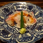 御料理 光安 - 鯛の昆布〆（明石産）・・鯛は6切れ、上には「ちり酢ジュレ」がかけられています。