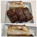 せとうち味倶楽部 - 鰆は表面を炙ってあり、押し寿司です。焼いているせいか「鰆」らしい旨みには欠け、パサつき感がありますね。