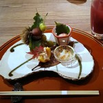 北海道市場　ICHIBA - 前菜(栗渋皮煮、松葉銀杏、いくらみぞれ和え、柿白和え、甘海老紅葉和え)