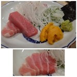 ぎおん 阪川 - ＊トロ2切れ・烏賊・バフンウニ・・トロは上質な脂を感じ、とても美味しい。
      雲丹は海苔で巻いて頂くのですが、風味が増しますね。