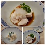ぎおん 阪川 - ◆桜えびと湯葉のあえ物・・湯葉と桜えびは合うのですね、
            ◆雲子(鱈の白子）ポン酢・・上質な品ですので、クリーミーで美味しいこと。
