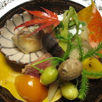 比良山荘 - 子持ち鮎のなれ鮓、岩魚鮓、堀川牛蒡、松茸味噌漬け、猪のロースト、金柑、むかご